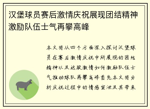 汉堡球员赛后激情庆祝展现团结精神激励队伍士气再攀高峰